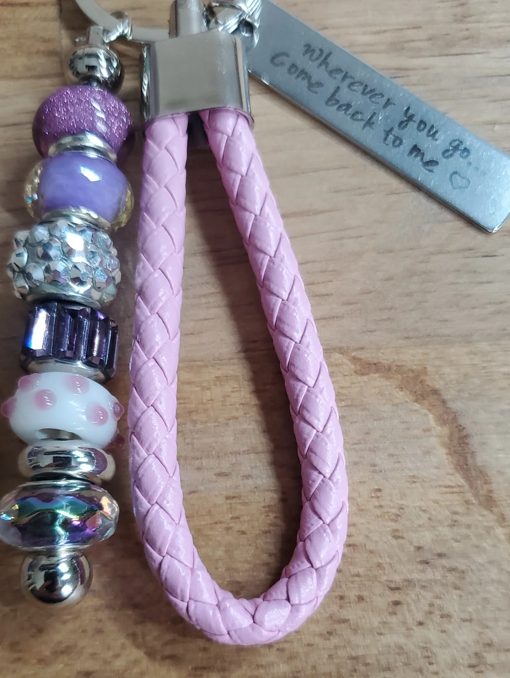 Pink Braided Leather Keyring with Purple Bead Charms